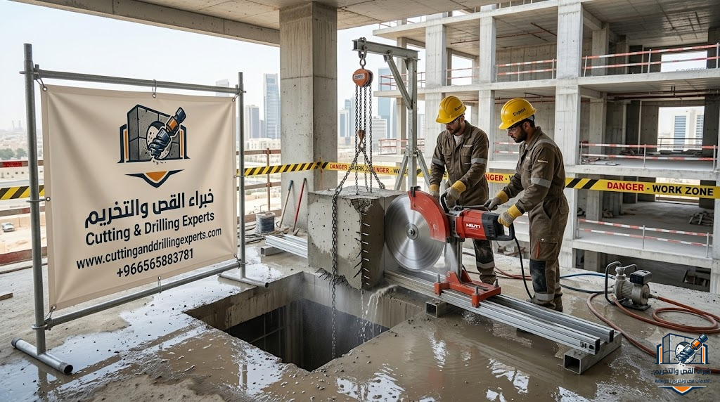 فتحات مصاعد خرسانية حي الياسمين بالرياض بدون تكسير باستخدام الكور الماسي لعمل فتحات دقيقة لبئر المصعد داخل المباني والفلل